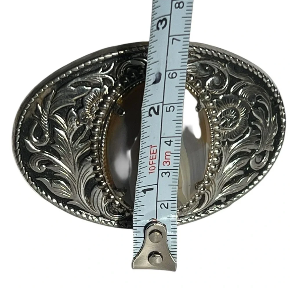 Unisex Silver-tone Western Style Oval Belt Buckle Agate Stone Cabochon